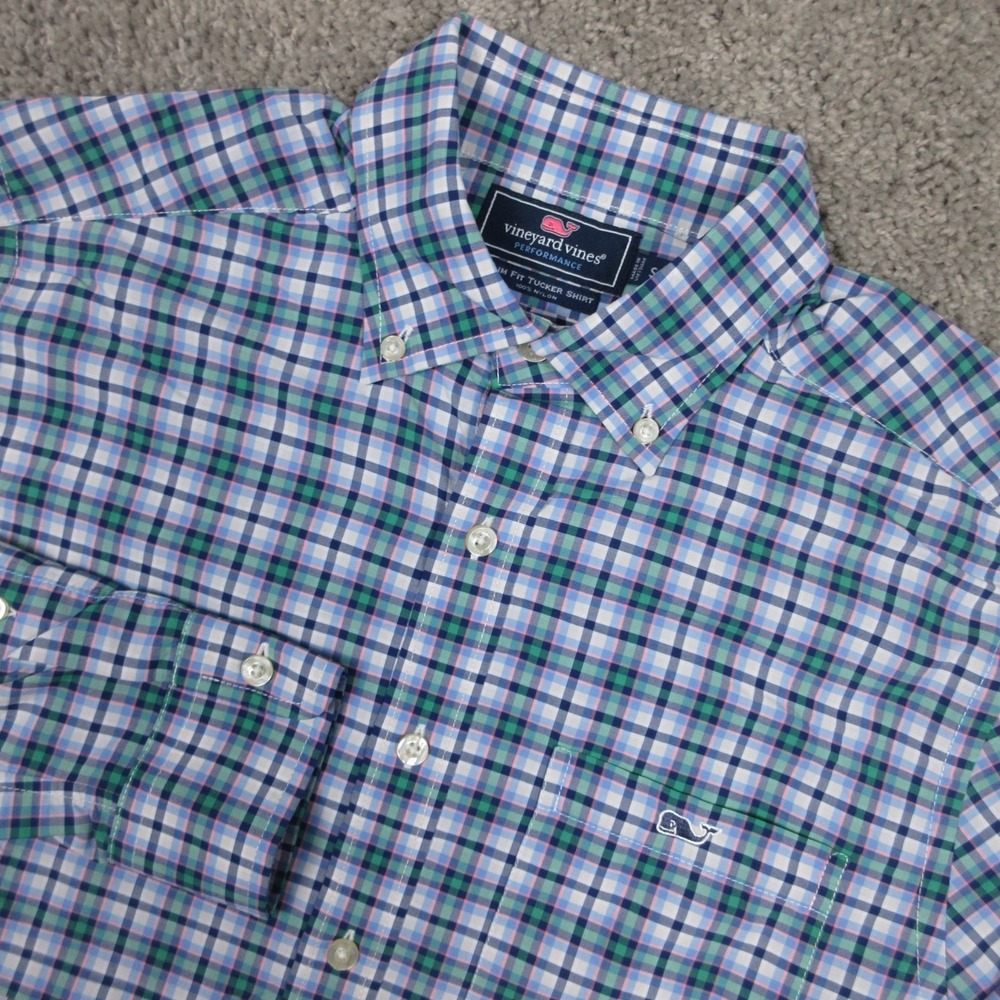 Vineyard Vines Shirt Mens Small Blue Green Plaid Slim Fit Tucker Nylon Button Up